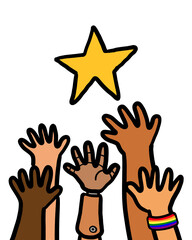 Hands reaching out star. Success motivation concept.