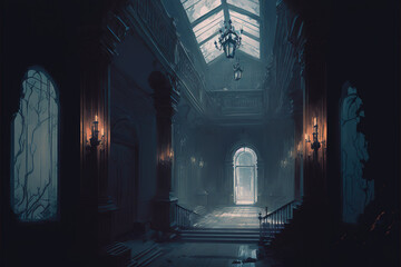 creepy interior of an abandoned building background, concept art, digital illustration, haunted house, scary interior, halloween background