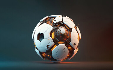 mechanical futuristic soccer ball or football explosion in white and black glossy material with neon burning and glowing details isolated with copyspace