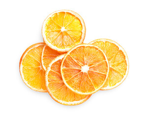 Fototapeta na wymiar Delicious dry orange slices on white background, top view