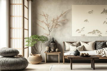 Japanese styled interior design for a home in white and beige tones, a living room with wabi sabi décor, a wall mockup. Generative AI