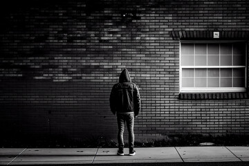 Person Standing in Front of a Brick Wall,  Black and White, Grunge, Generative AI