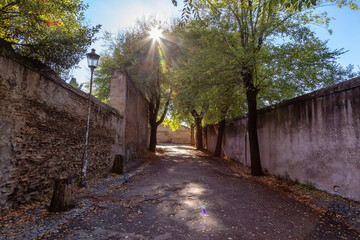 Pathway in City Park. Brick Old Historic Walls. Rome, Italy. Sunny Day.