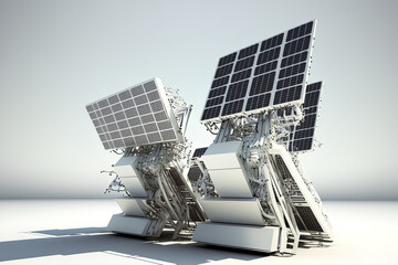 Sun traps. Metal racks holding solar panels. Eco power station. electricity generating panels Sun panels to be positioned on the ground. white with solar traps. green power. protecting the environment - obrazy, fototapety, plakaty