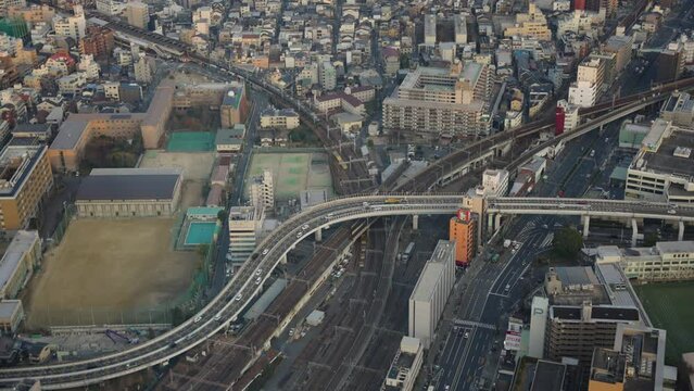 4k Aerial View of Osaka Urban Area Tennoji in the Early Evening
