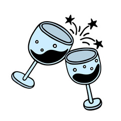 Two clinking glasses with wine. Colored vector icon. Hand drawn doodle isolated on white. Cheers, champagne cups sparkle and shine. Flat cartoon clipart for greeting cards, bar menu, pub decorations