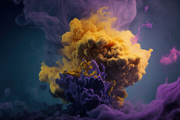 undersea explosion with a multicolored yellow lilac smoke abstract backdrop. Generative AI