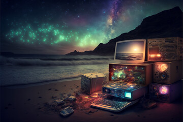Glowing Technology Electronics Computers on a Beach with Mountains and Northern Lights in the Background, Aurora Borealis Generative AI