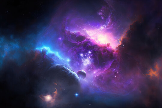Space astronomy galaxy universe science concept of a starry background with a blue and violet nebula. Generative AI
