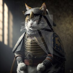 a Japanese samurai cat sitting with a bit of sun glare in the background coming from the window.