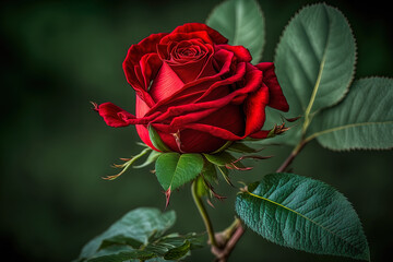 lone red rose with leaves on a green backdrop. flawless flower superb photograph. Generative AI - obrazy, fototapety, plakaty