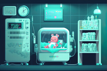 neonatologist cartoon at newborn baby backdrop. Hospital ward with incubators for premature infants, prematurity concept, and kind nurses caring for adorable infants. Generative AI