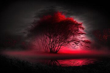 Effect of red fog and mist on a black backdrop. Generative AI