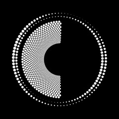 White circular halftone dots. Concentric rotating circles.   Halftone dotted lines. Trendy element for posters, social media, logo, frames, promotion, flyer, covers, banners, backdrop