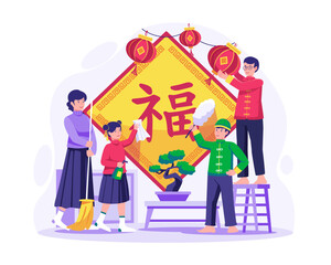 The Asian Family doing house chores together. big cleaning written in Chinese words on couplets, Out with the old in with the new. Vector illustration in flat style