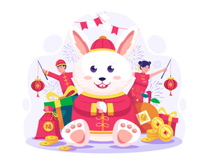Obraz na płótnie Canvas Happy Chinese Lunar new year with Two Kids holding lanterns and a giant Rabbit doing fist and palm greeting salute gestures. Vector illustration in flat style