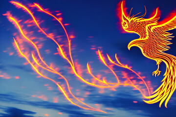 image made by AI An image of a Phoenix in flames, flying in the night sky.