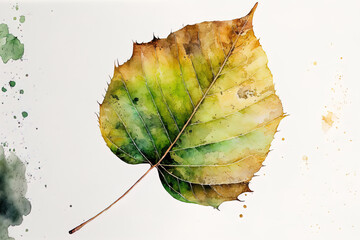 Leaf alone on a white background. Watercolor. Generative AI