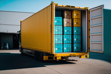 Logistics of filling shipping containers with packing boxes placed on pallets. Generative AI
