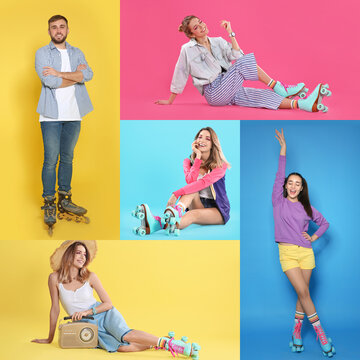 Photos of young women and man with roller skates on different color backgrounds, collage design