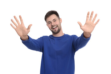 Fototapeta premium Man giving high five with both hands on white background