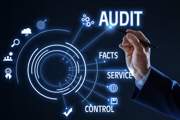 Audit concept. Closeup view of man and different icons on virtual screen