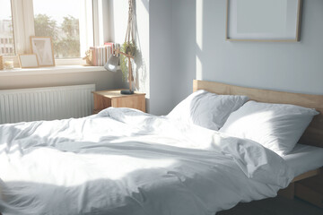 Large comfortable bed with soft pillows and blanket indoors