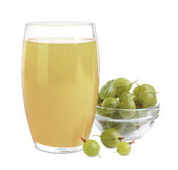 Tasty gooseberry juice and fresh berries isolated on white