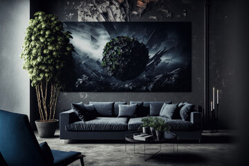 interior backdrop of a dark loft living room with a couch,. Generative AI