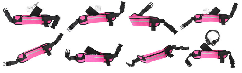 Collage with pink waist bag (running belt) on white background, top view. Banner design