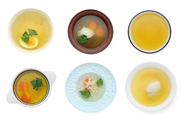 Dishes with tasty bouillon on white background, top view