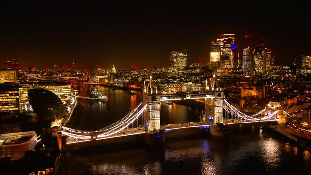 London Tower Bridge and City of London by night - amazing aerial view - travel photography