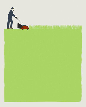 Garden worker mowing lawn with electric push-mower in backyard. Male handyman cutting grass in garden. Professional gardener. Clean yard. Landing Page, Simple graphic, Trendy vector illustration.