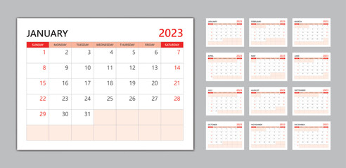 Monthly calendar template for 2023 year red concept, desk calendar 2023 template, Week Starts on sunday, wall calendar 2023 year, planner minimal design, Set of 12 Months, organizer stationery