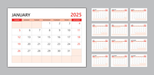 Monthly calendar template for 2025 year red concept, desk calendar 2025 template, Week Starts on sunday, wall calendar 2025 year, planner minimal design, Set of 12 Months, organizer stationery
