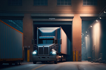 Plakat a truck is awaiting loading close to a warehouse. Generative AI