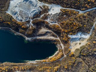 The autumn forest and lakes from above. The Ruskeala Park view from the drone