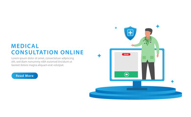 Online doctor virtual consultation with computer technology fast response for emergency patient. Medical consultation, Medical patient, Healthcare. Vector illustration