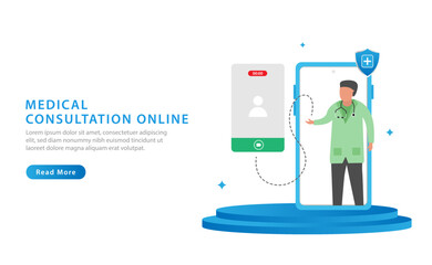 Online doctor virtual consultation with mobile phone technology fast response for emergency patient. Medical consultation, Medical patient, Healthcare. Vector illustration