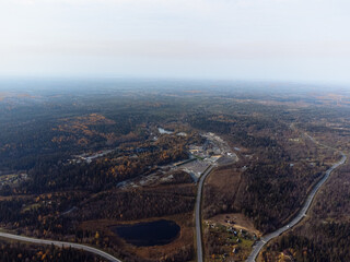 The autumn forest and lakes from above. The Ruskeala Park view from the drone