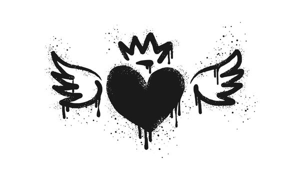 Spray painted graffiti flying heart with wings icon in black over white. Heart with wings drip symbol. isolated on white background. vector illustration