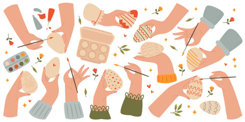 Hands are painting flat icons set. Painting and decorating of easter eggs, colorful small brushes, acrylic palette