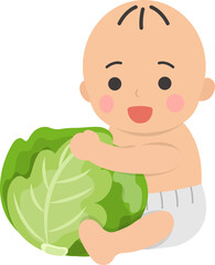 Cute baby with healthy cabbage, comic cartoon vector character