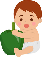 Cute baby with healthy green pepper, comic cartoon vector character