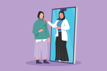 Graphic flat design drawing Arabian female doctor comes out of smartphone screen and checking female patient heart rate using stethoscope. Online doctor or medical. Cartoon style vector illustration