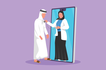 Cartoon flat style drawing Arabian female doctor comes out of smartphone screen and checks male patient heart rate using stethoscope. Online doctor medical metaphor. Graphic design vector illustration