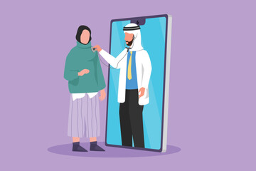 Character flat drawing young Arab male doctor come out of smartphone screen and check female patient heart rate using stethoscope. Online doctor medical healthcare. Cartoon design vector illustration