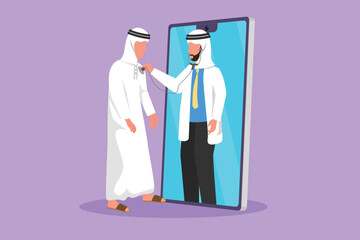 Graphic flat design drawing young Arab male doctor comes out of smartphone screen and check male patient heart rate using stethoscope. Online doctor medical metaphor. Cartoon style vector illustration