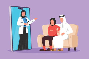 Cartoon flat style drawing Arabian female doctor comes out from smartphone screen facing and gives consultation to couple patient with pregnant wife. Online doctor. Graphic design vector illustration