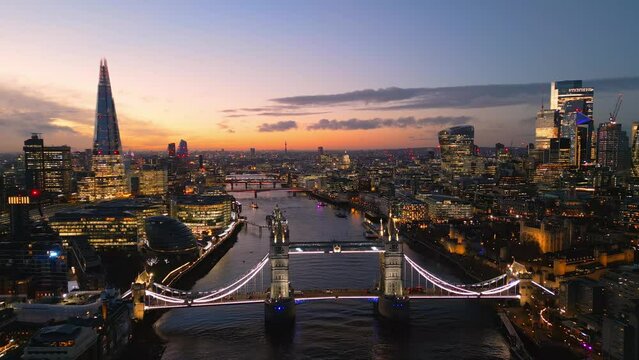 London with River Thames and Tower Bridge - amazing aerial view in the evening - travel photography